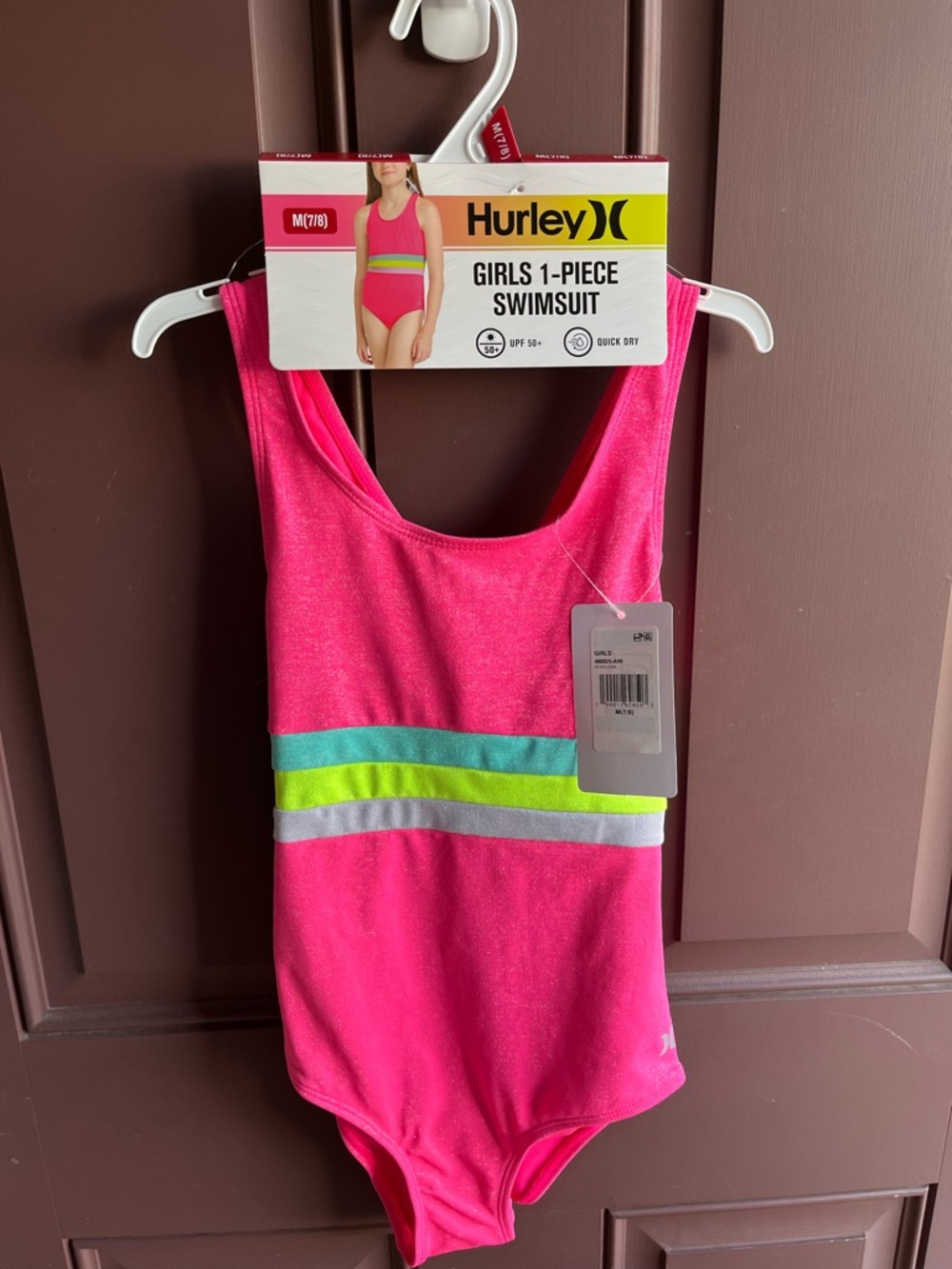 NWT Hurley Girls One-Piece Swimsuit in Hot Pink with Neon Stripes